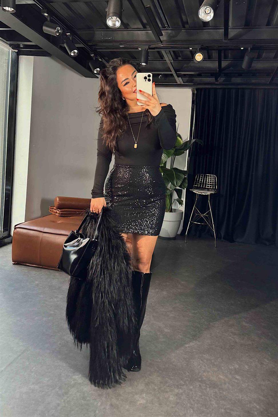 Premium Kalite Likralı Pul payetli Mini Kadın Etek Siyah