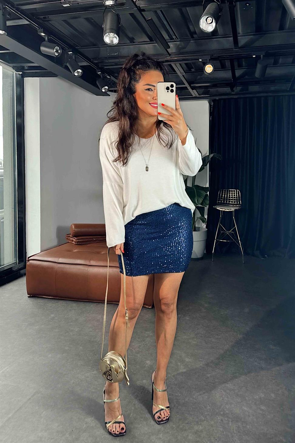 Premium Kalite Likralı Pul payetli Mini Kadın Etek Lacivert