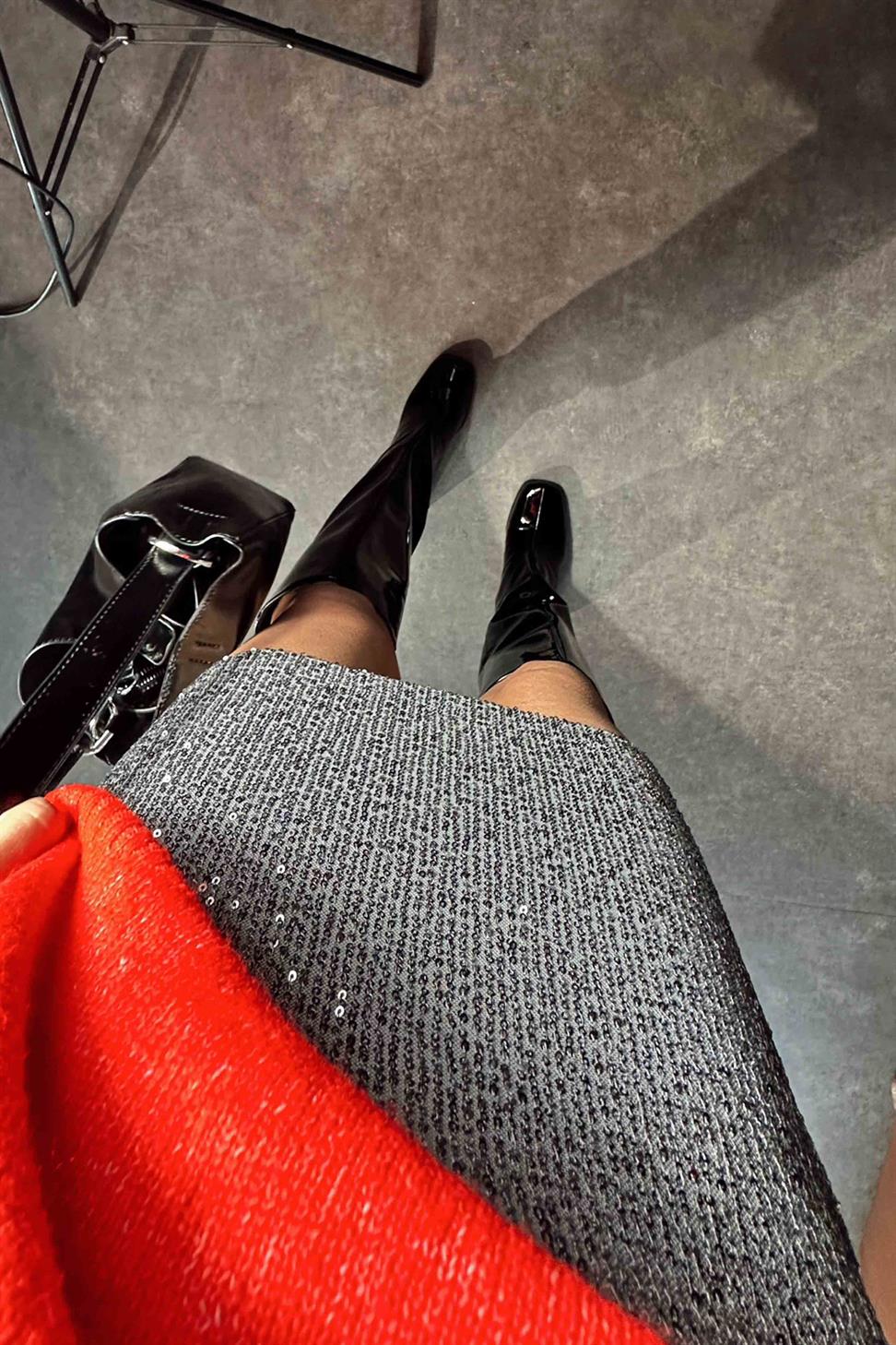 Premium Kalite Likralı Pul payetli Mini Kadın Etek Gümüş