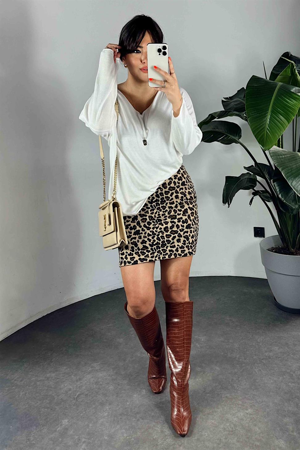 Premium Kalite Likralı Tok Penye Leopar Kadın Etek Vizon