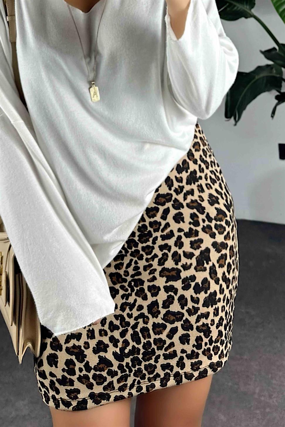 Premium Kalite Likralı Tok Penye Leopar Kadın Etek Vizon