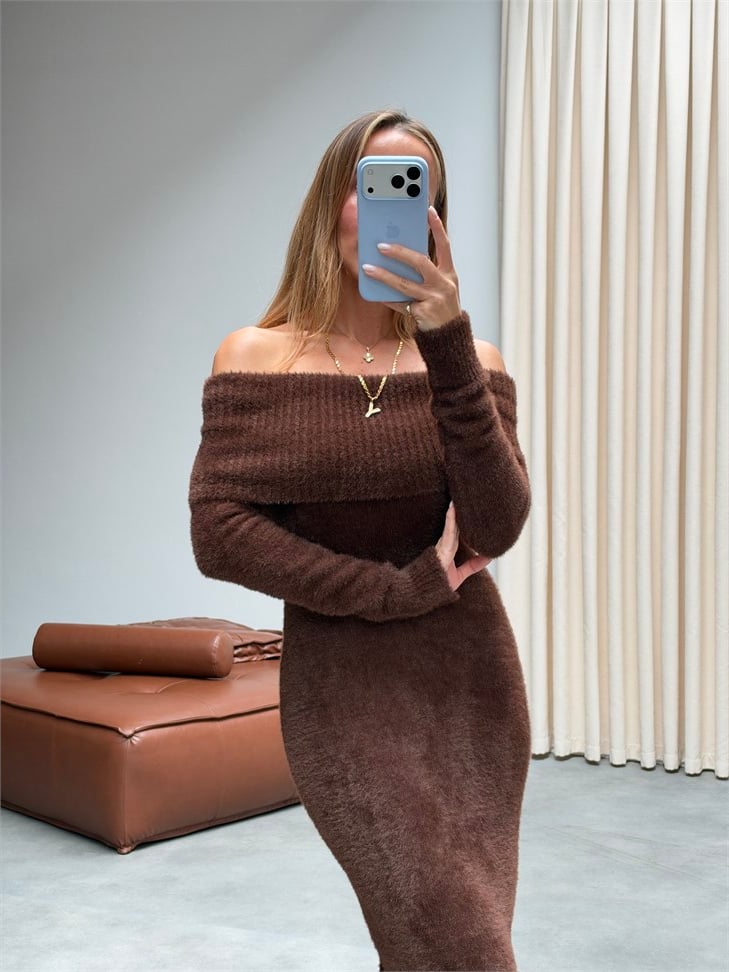 Premium Kalite Madonna Yaka Triko Elbise Kahverengi