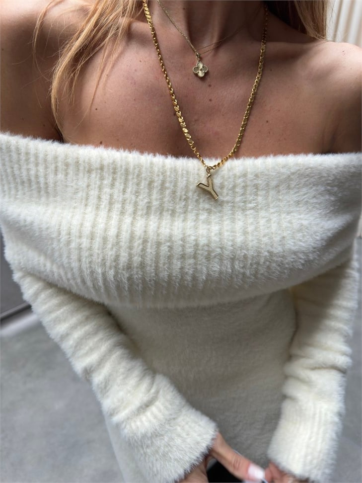 Premium Kalite Madonna Yaka Triko Elbise Vanilya 