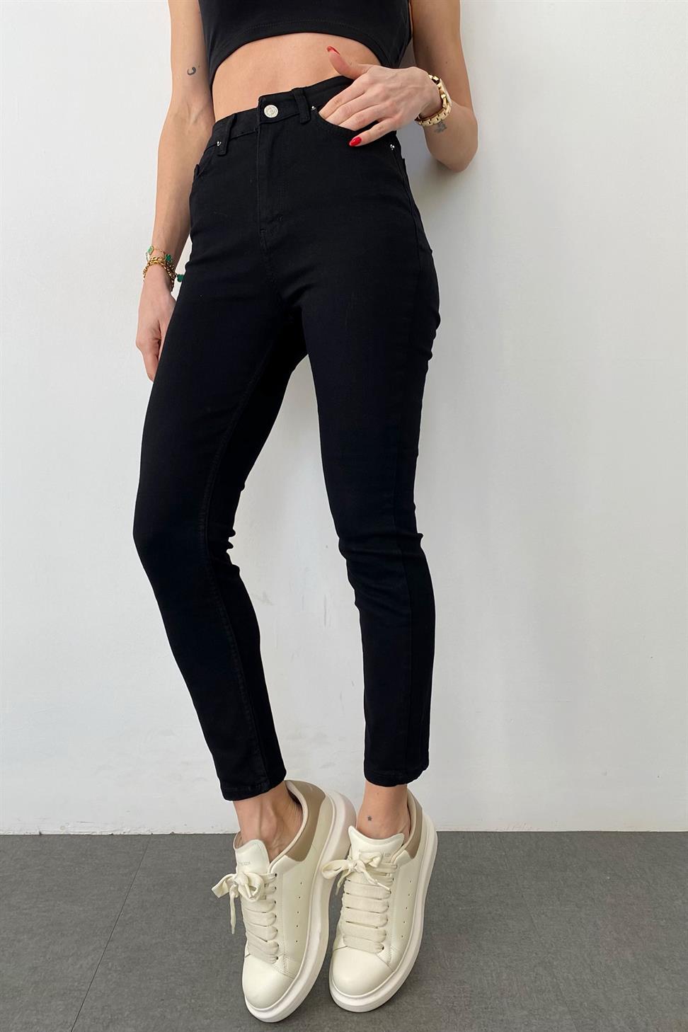 Premium Kalite Marka  Model Yüksek Bel Slim Fit Jean Pantolon Siyah