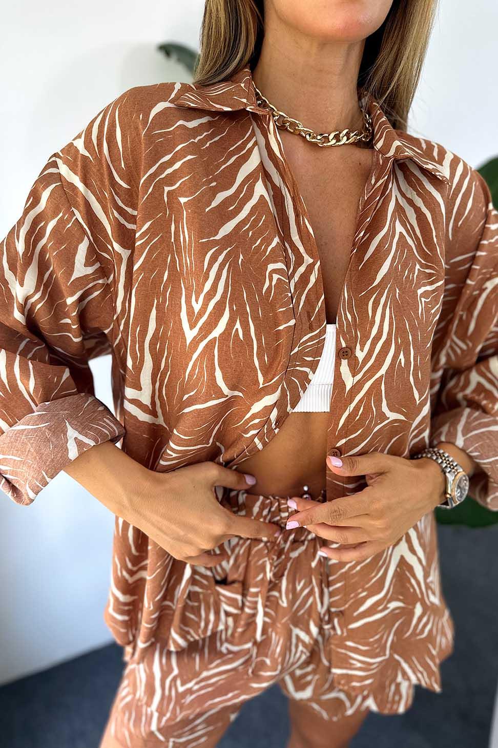 Premium Kalite Modal Kumaş Zebra Desenli Yazlık Takım Kahve