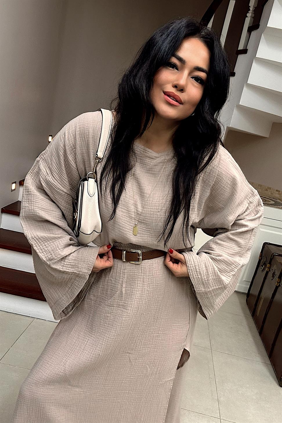 Premium Kalite Müslin Kumaş Etekli Takım Vizon