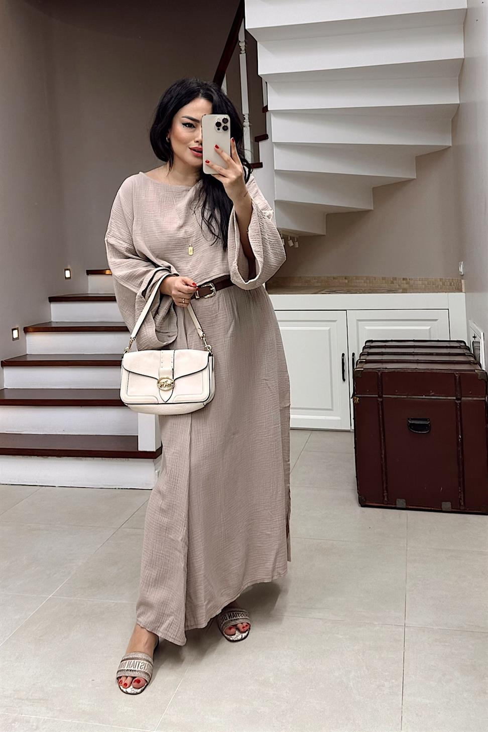 Premium Kalite Müslin Kumaş Etekli Takım Vizon