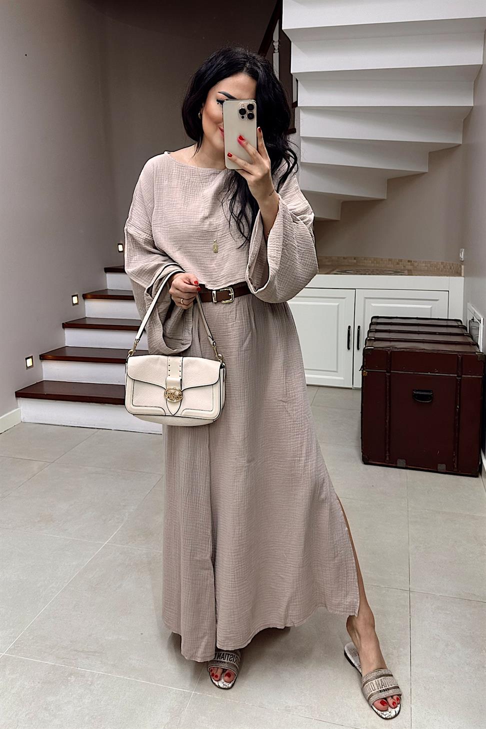 Premium Kalite Müslin Kumaş Etekli Takım Vizon