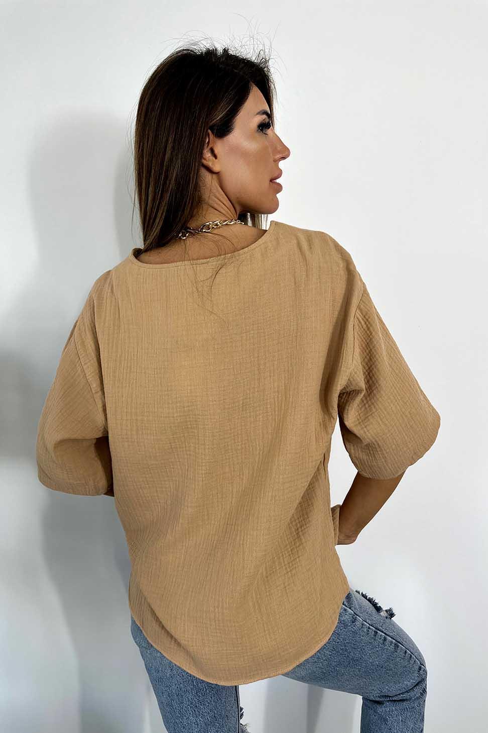 Premium Kalite Müslin Kumaş Geniş Bisiklet Yaka Bluz Camel