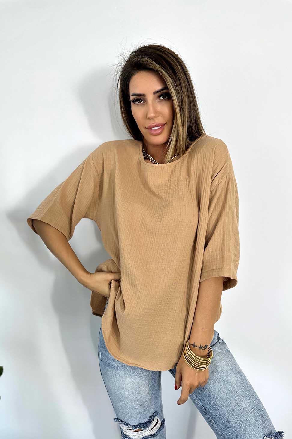 Premium Kalite Müslin Kumaş Geniş Bisiklet Yaka Bluz Camel