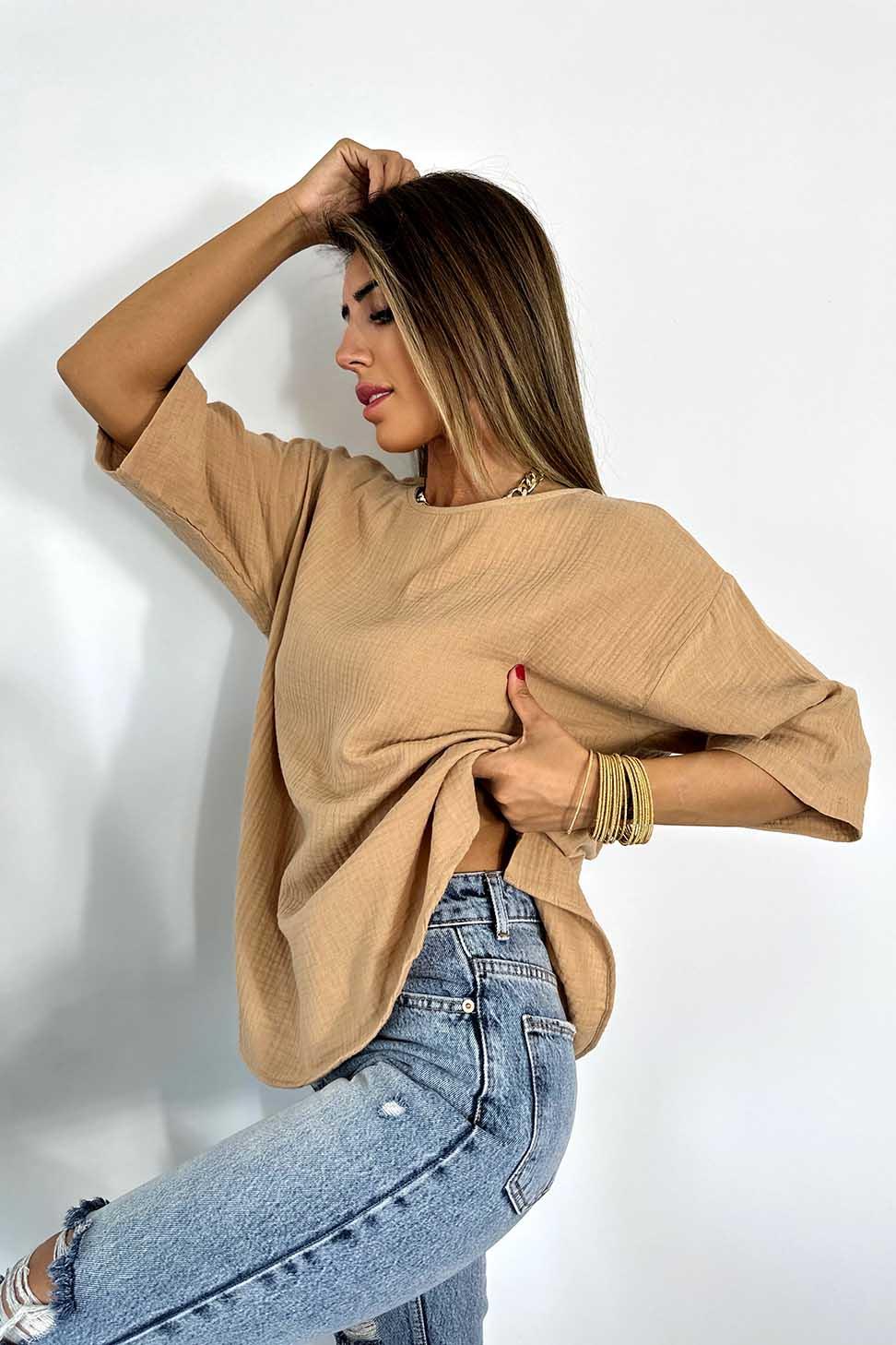 Premium Kalite Müslin Kumaş Geniş Bisiklet Yaka Bluz Camel