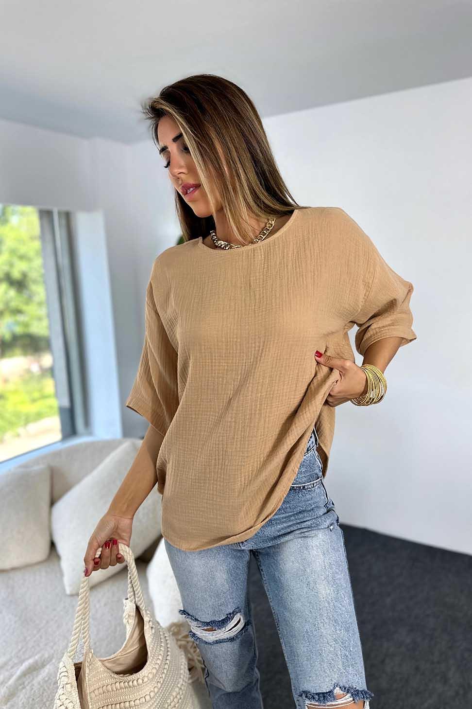 Premium Kalite Müslin Kumaş Geniş Bisiklet Yaka Bluz Camel
