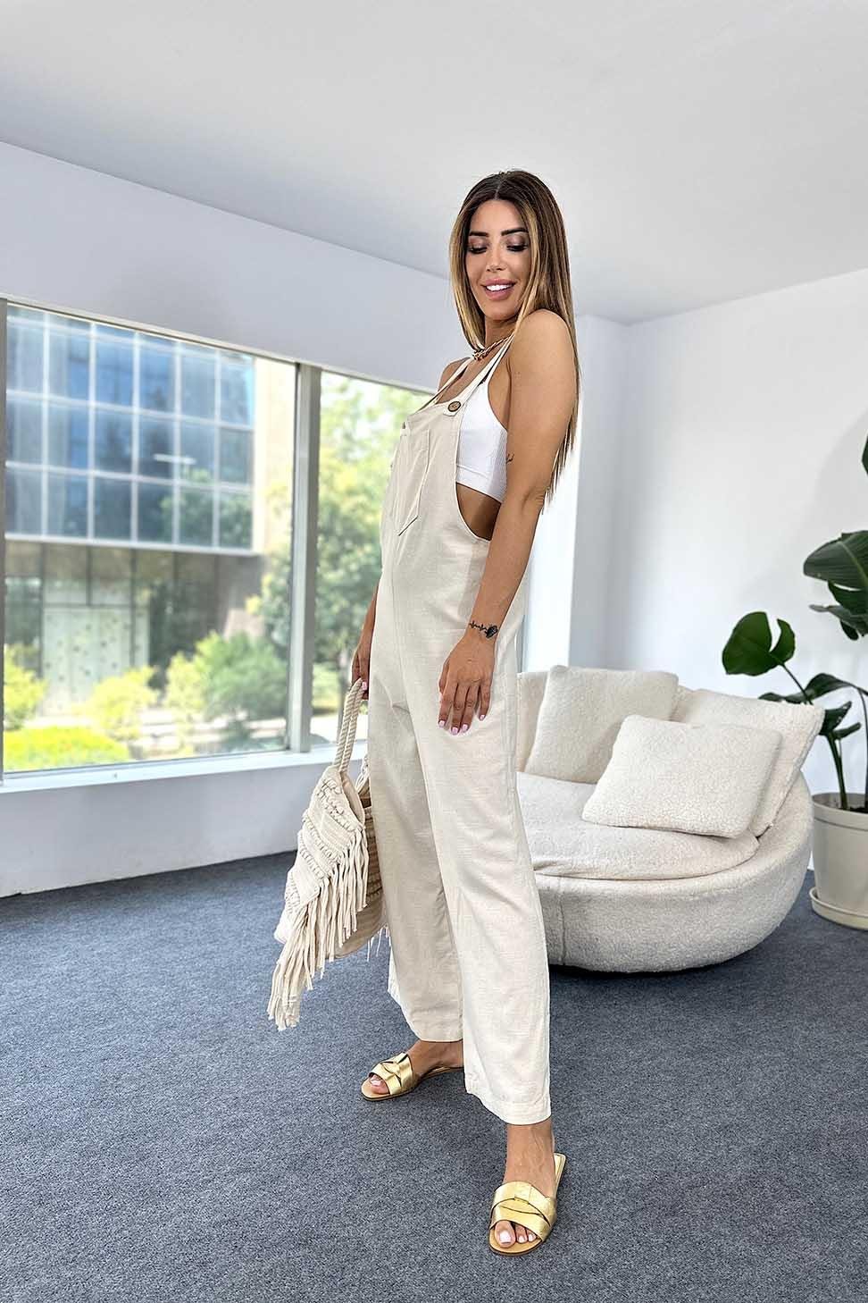 Premium Kalite Naturel Pamuklu Kumaş Askılı Tulum Taş