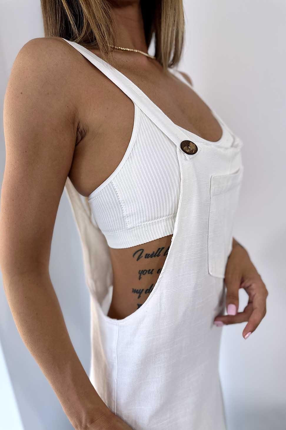 Premium Kalite Naturel Pamuklu Kumaş Askılı Tulum Beyaz