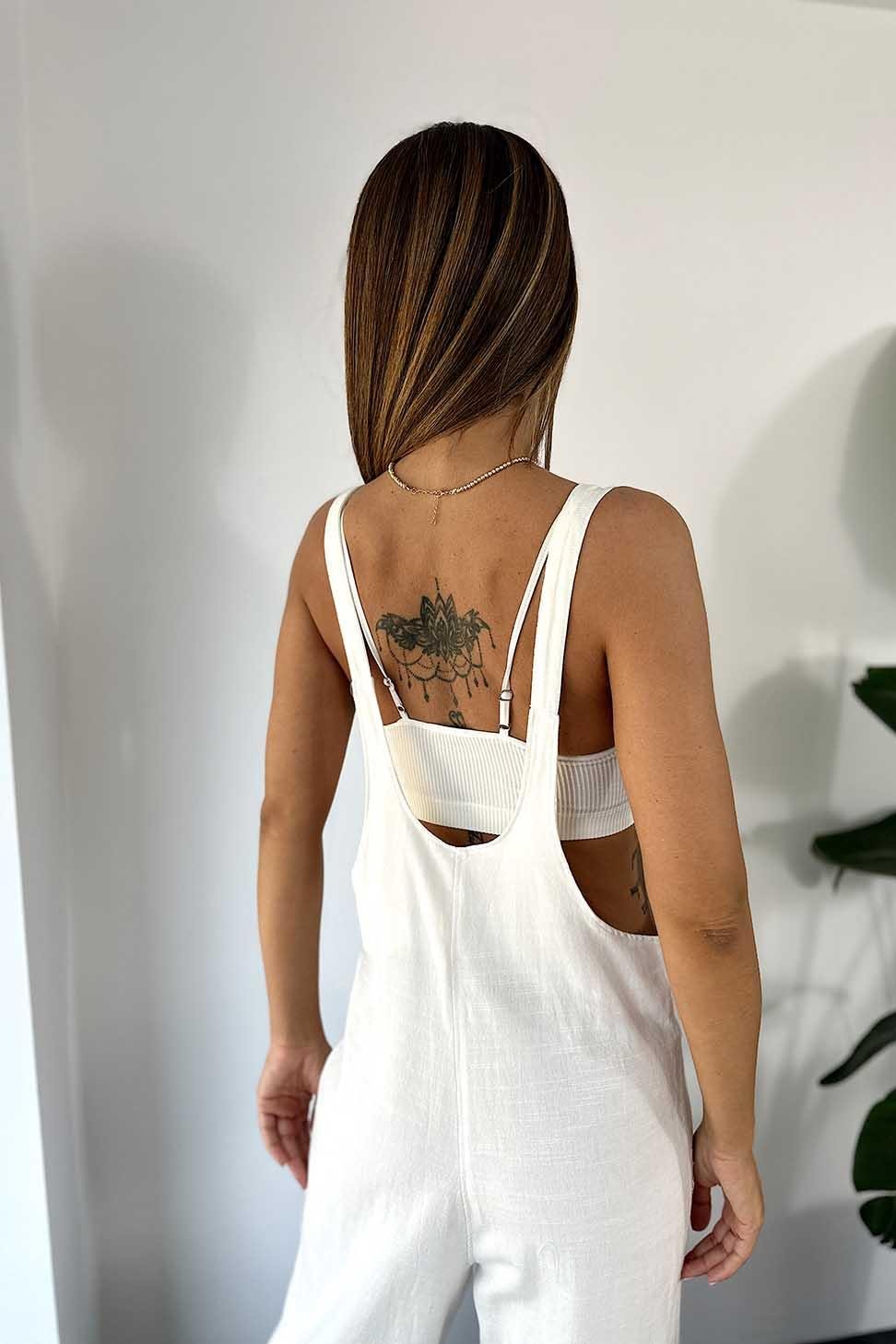 Premium Kalite Naturel Pamuklu Kumaş Askılı Tulum Beyaz