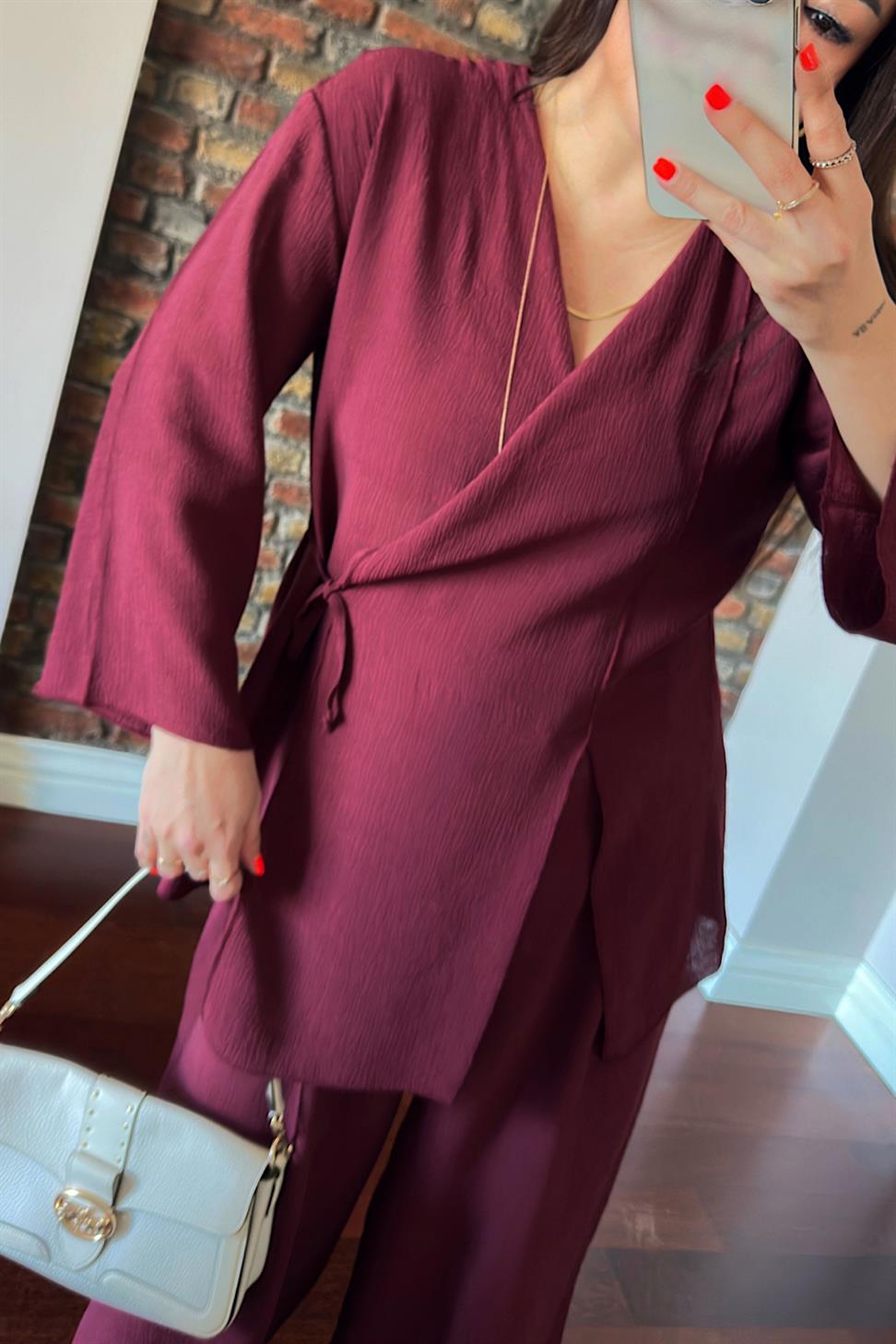 Premium Kalite Önden Bağlamalı Kimono Takım Bordo