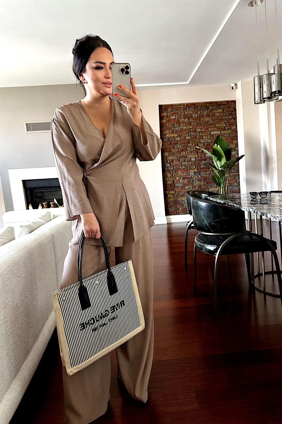 Premium Kalite Önden Bağlamalı Kimono Takım Vizon