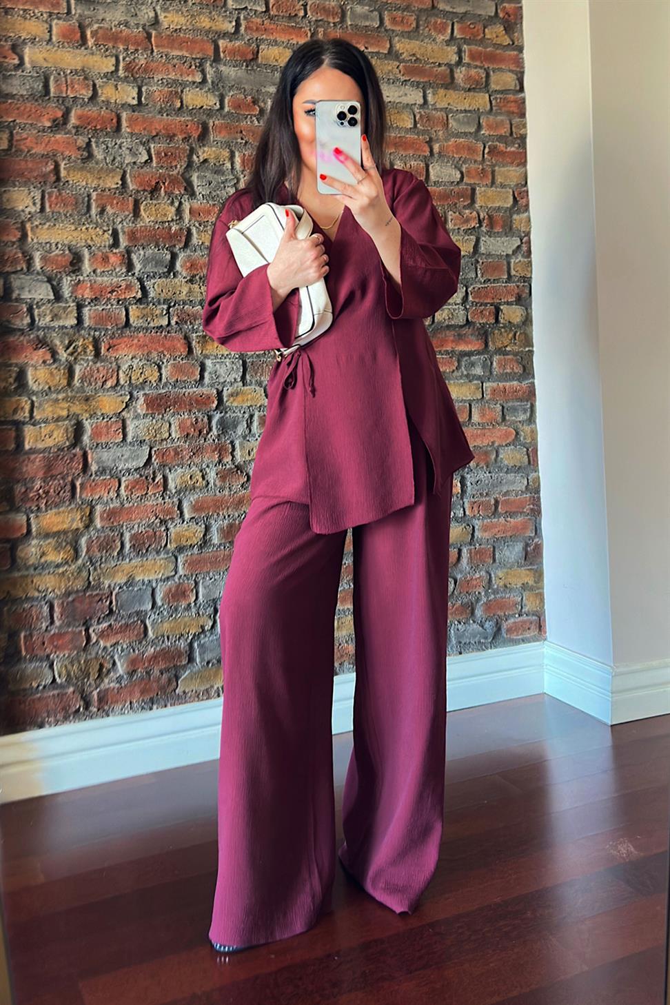 Premium Kalite Önden Bağlamalı Kimono Takım Bordo