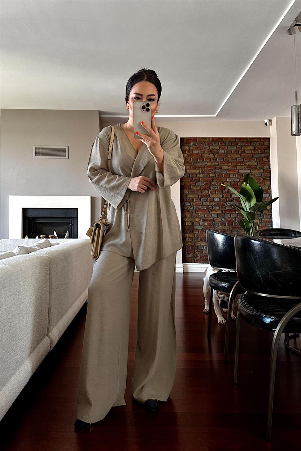 Premium Kalite Önden Bağlamalı Kimono Takım Haki