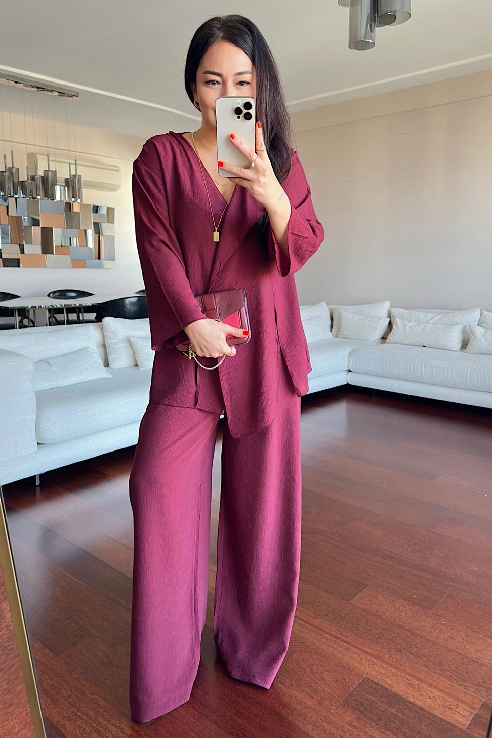 Premium Kalite Önden Bağlamalı Kimono Takım Bordo