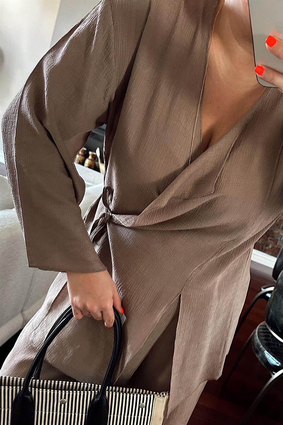 Premium Kalite Önden Bağlamalı Kimono Takım Vizon