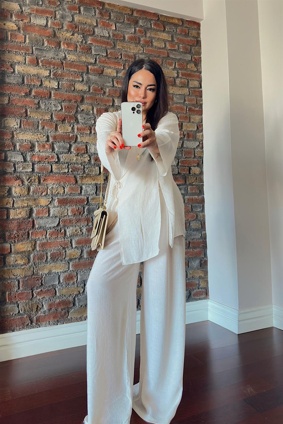 Premium Kalite Önden Bağlamalı Kimono Takım İnci Tozu