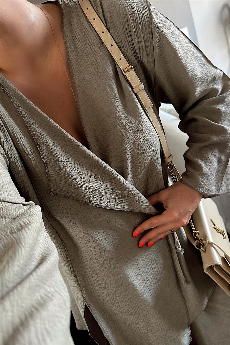 Premium Kalite Önden Bağlamalı Kimono Takım Haki