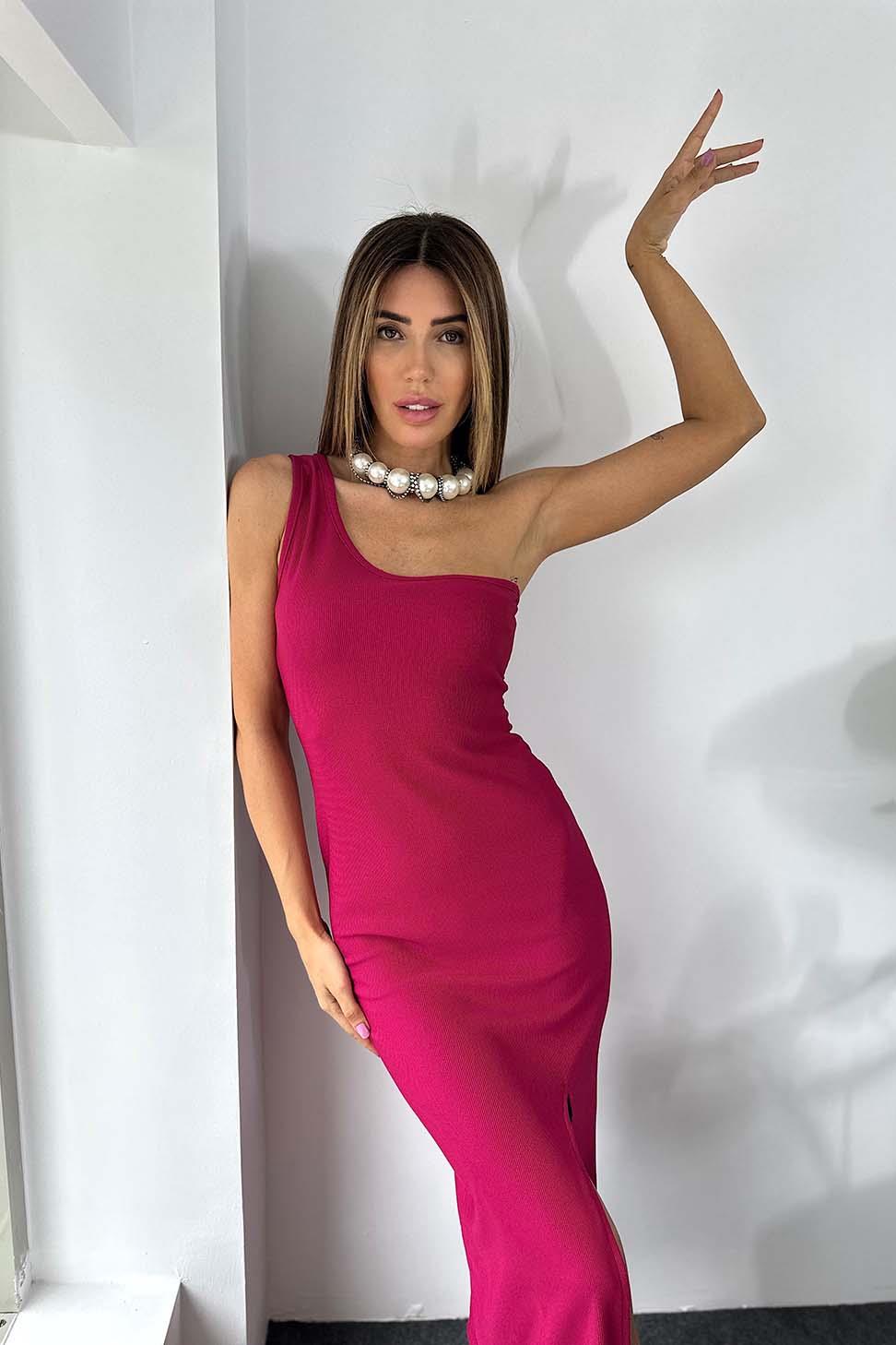 Premium Kalite Ottoman Kumaş Tek Omuz Detay Yırtmaçlı Elbise FUŞYA