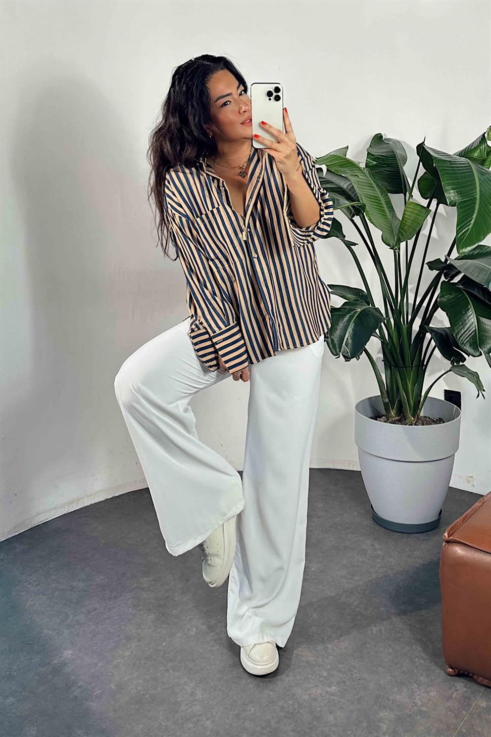 Premium Kalite Oversize Çizgili Gömlek Lacivert