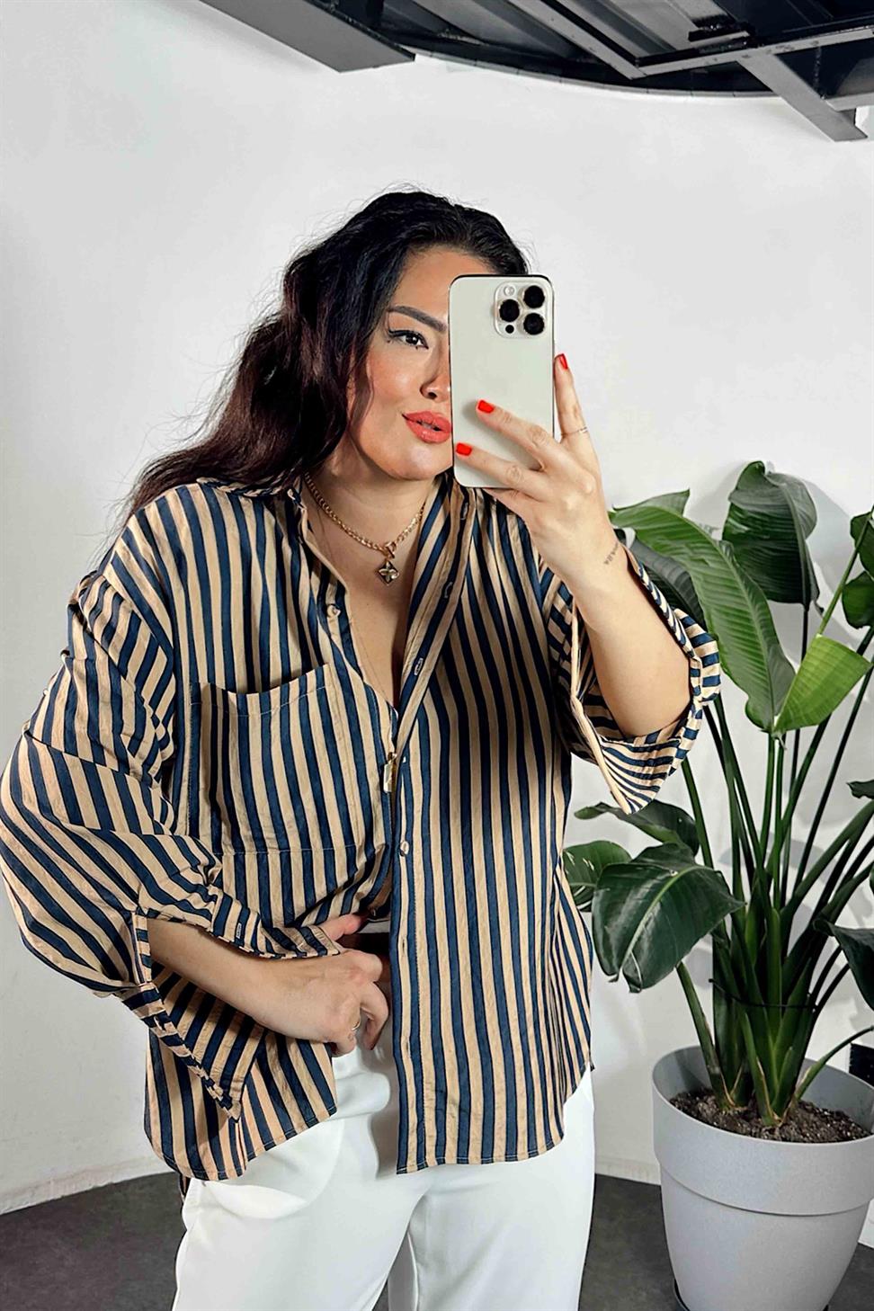 Premium Kalite Oversize Çizgili Gömlek Lacivert