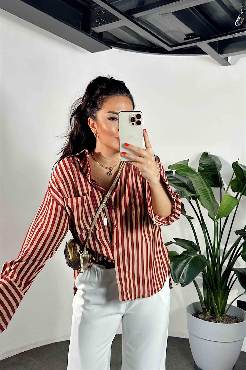 Premium Kalite Oversize Çizgili Gömlek Bordo