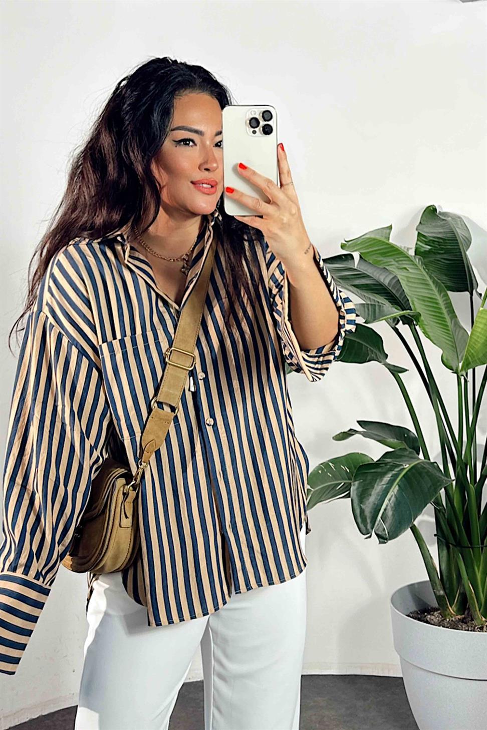 Premium Kalite Oversize Çizgili Gömlek Lacivert