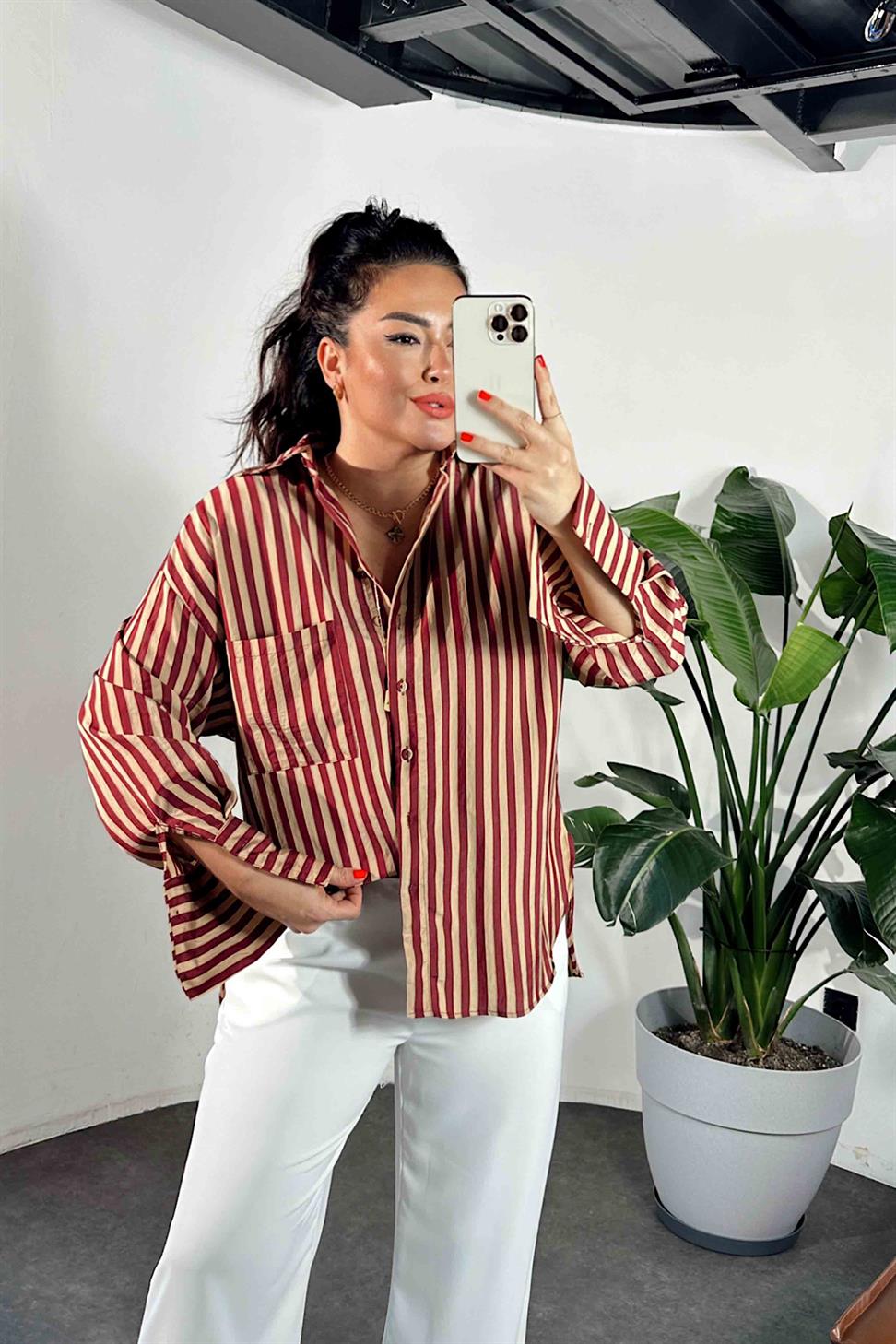 Premium Kalite Oversize Çizgili Gömlek Bordo