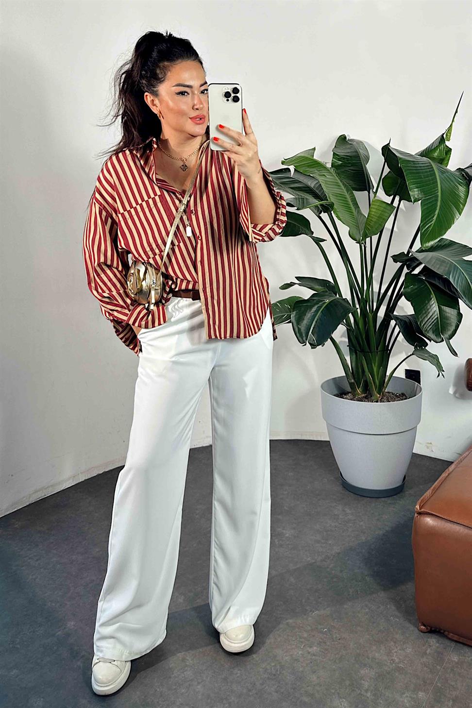 Premium Kalite Oversize Çizgili Gömlek Bordo