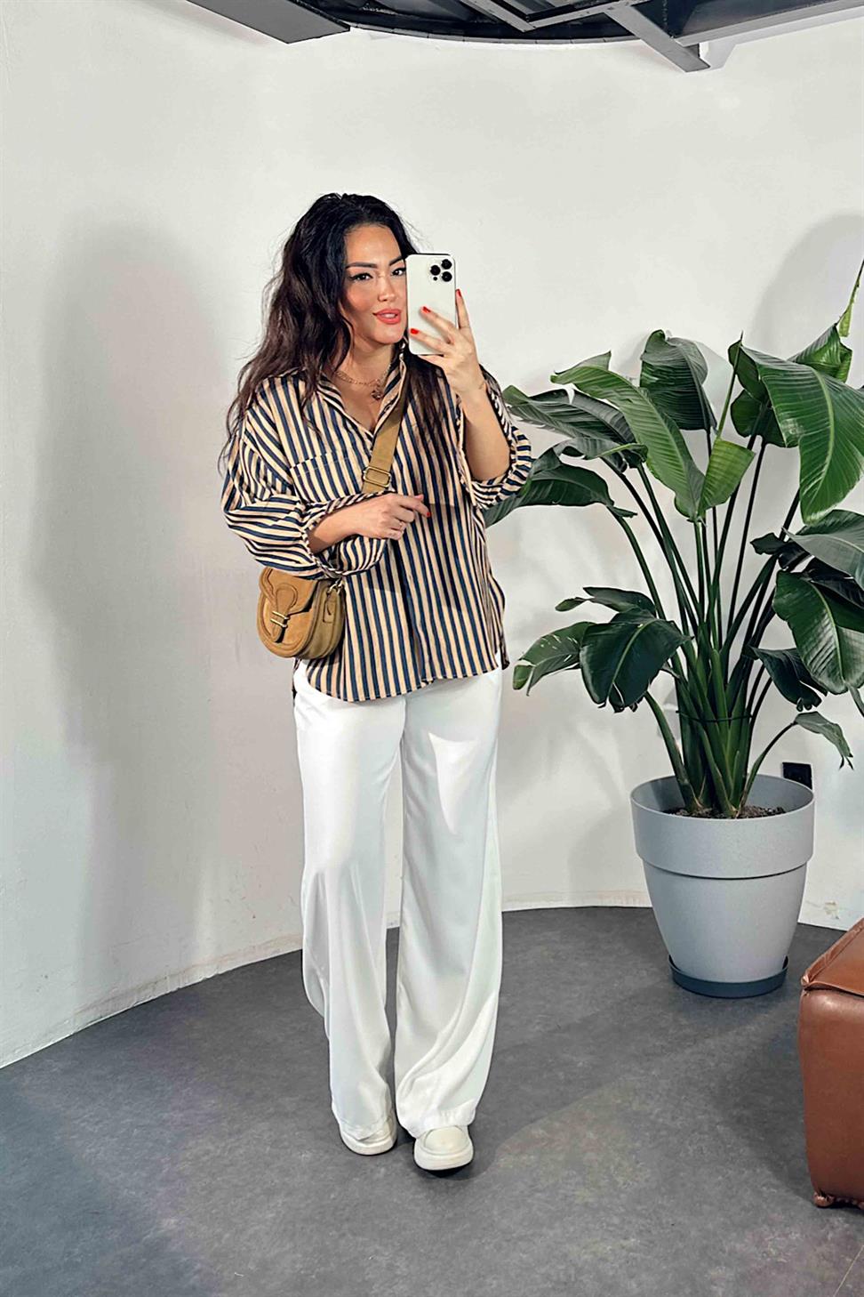 Premium Kalite Oversize Çizgili Gömlek Lacivert