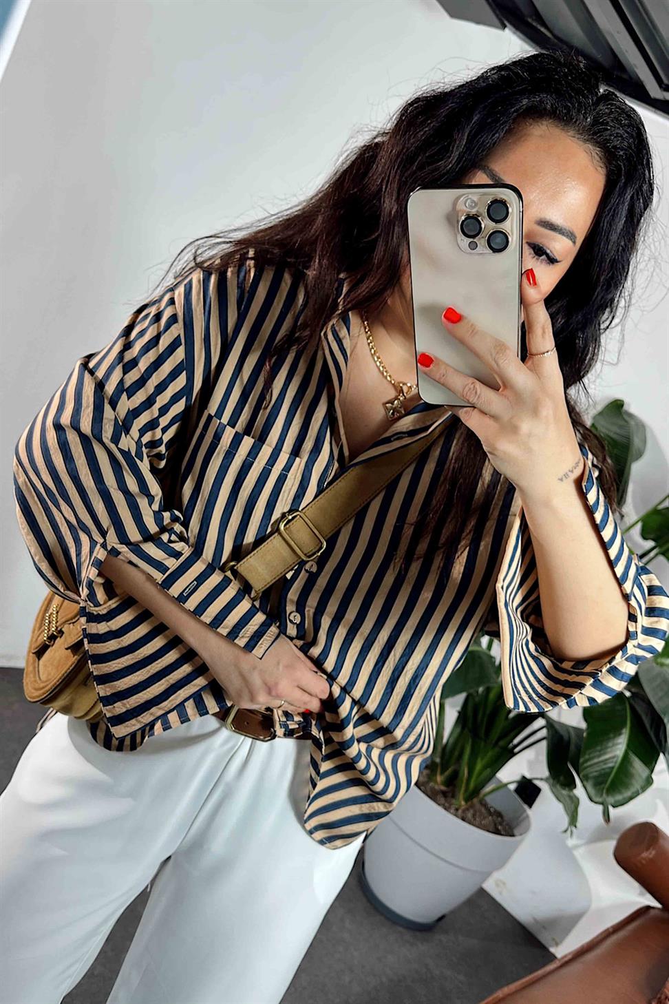 Premium Kalite Oversize Çizgili Gömlek Lacivert