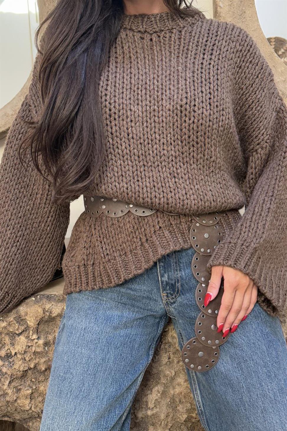 Premium Kalite Oversize Örme Kazak Acı Kahve