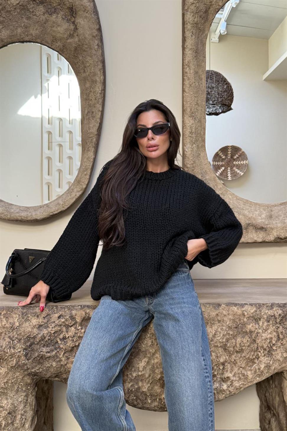 Premium Kalite Oversize Örme Kazak Siyah