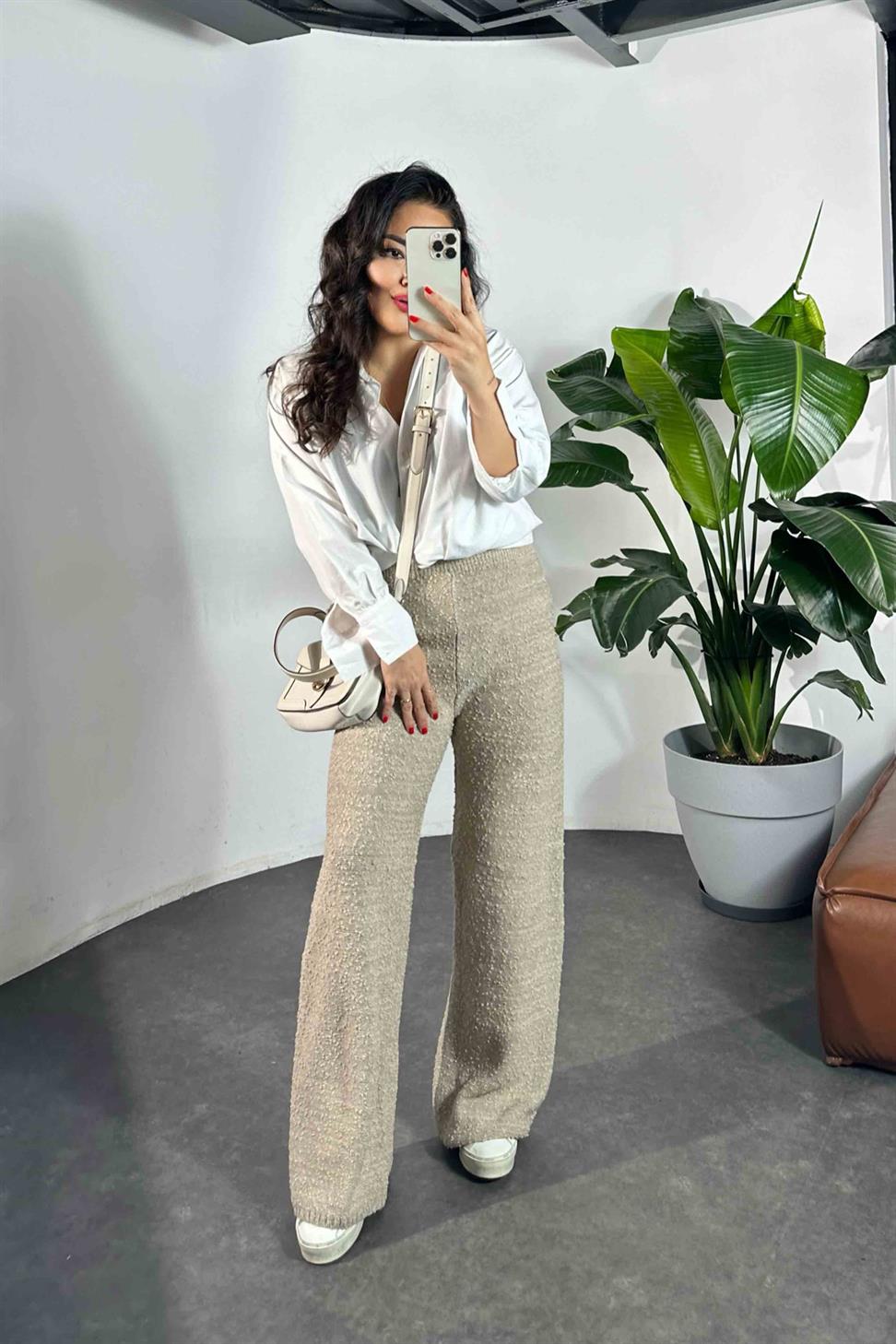 Premium Kalite Özel Dokulu Triko Kadın Pantolon Taş