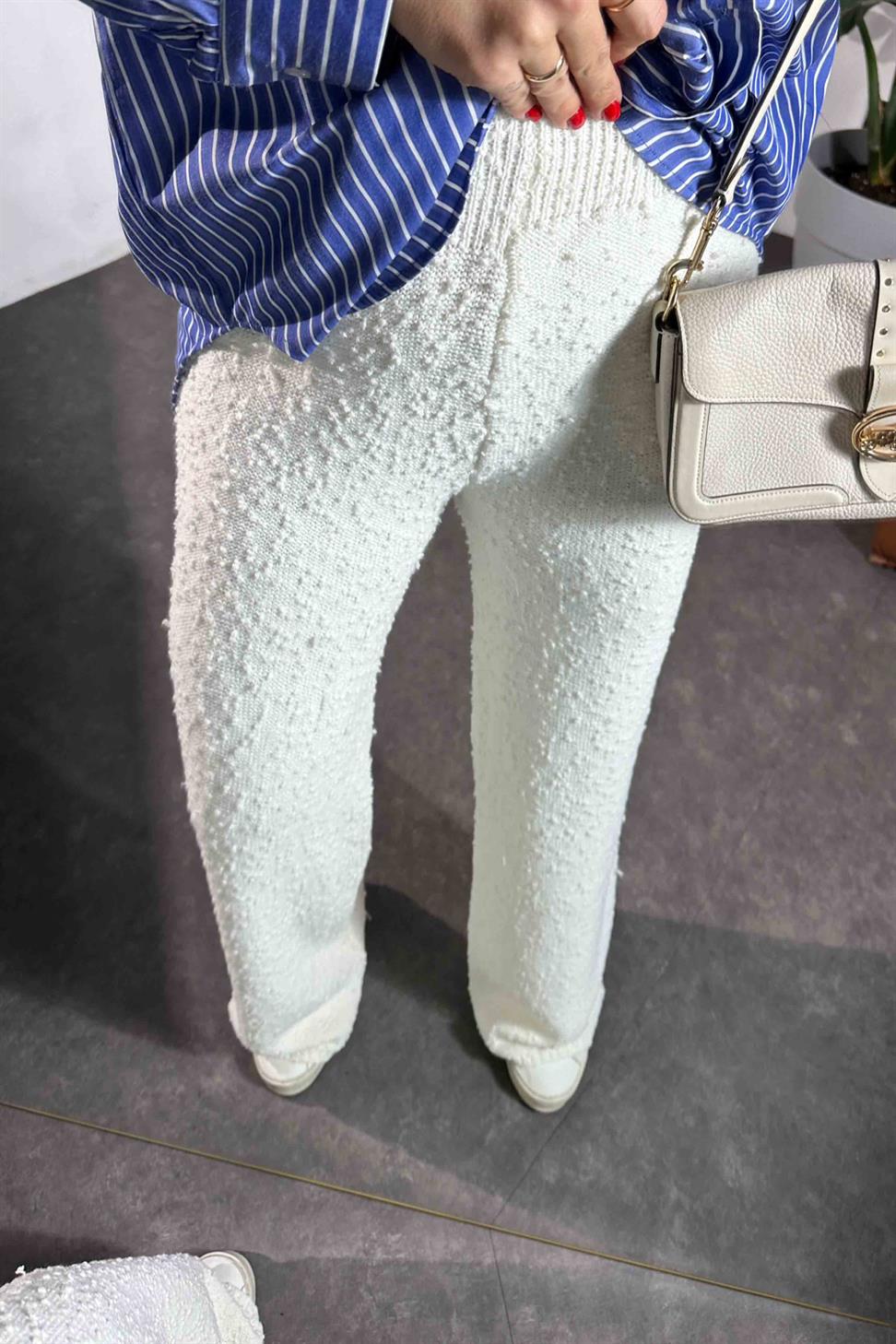 Premium Kalite Özel Dokulu Triko Kadın Pantolon Ekru