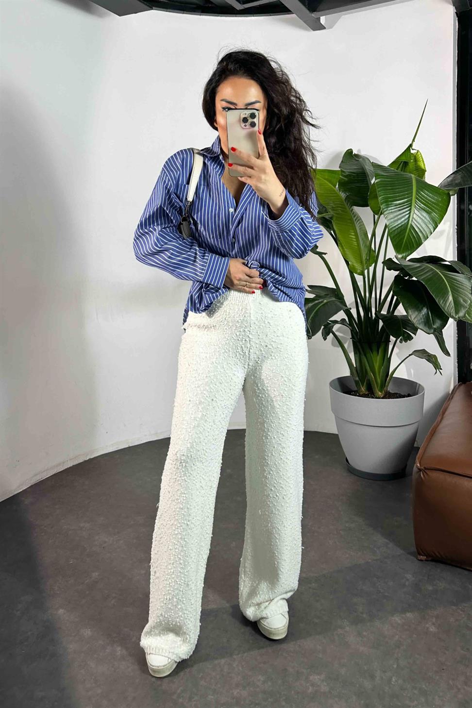 Premium Kalite Özel Dokulu Triko Kadın Pantolon Ekru