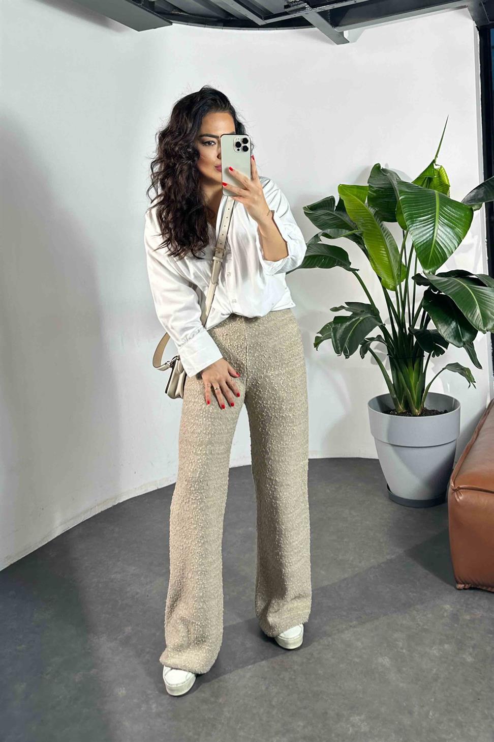 Premium Kalite Özel Dokulu Triko Kadın Pantolon Taş