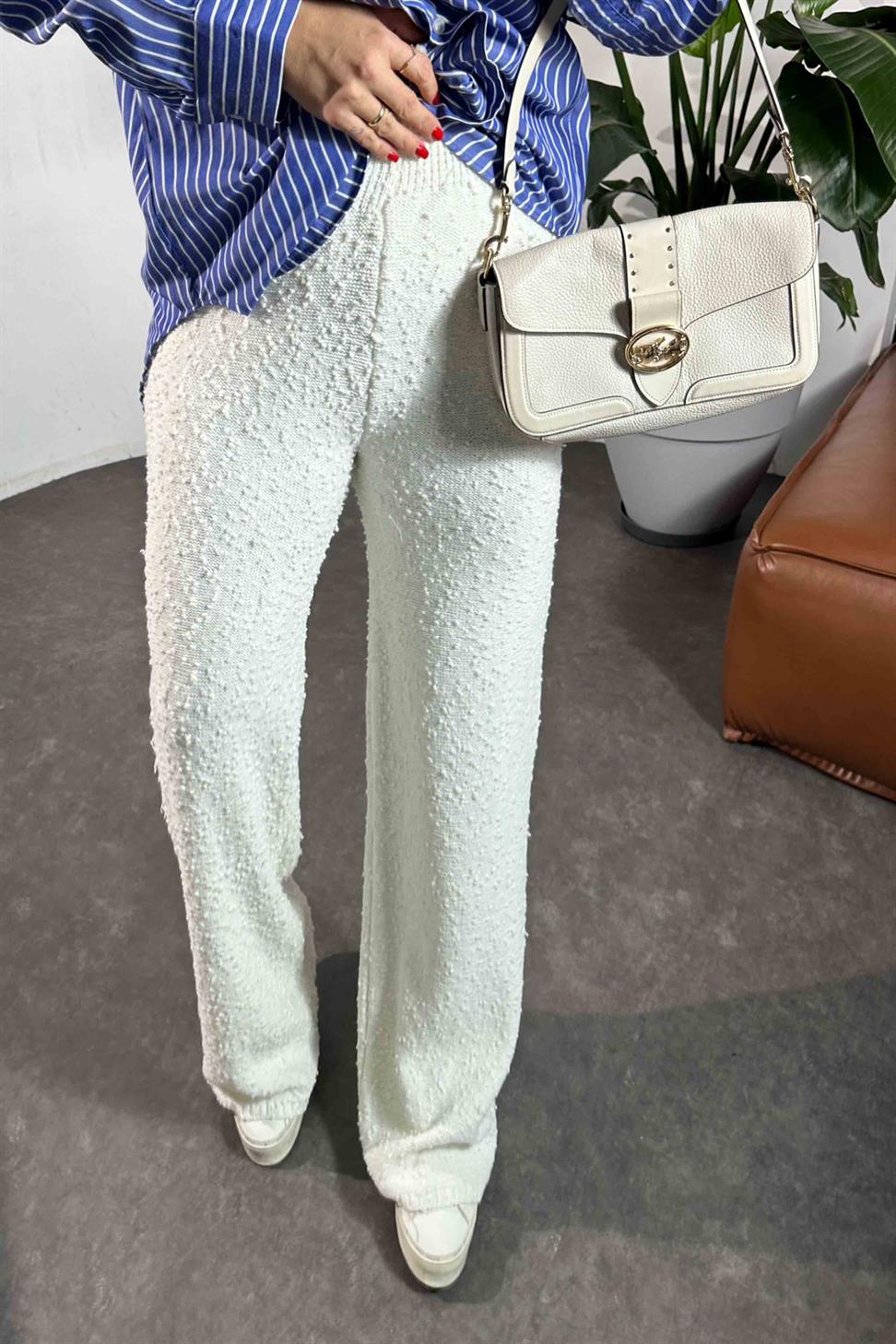 Premium Kalite Özel Dokulu Triko Kadın Pantolon Ekru