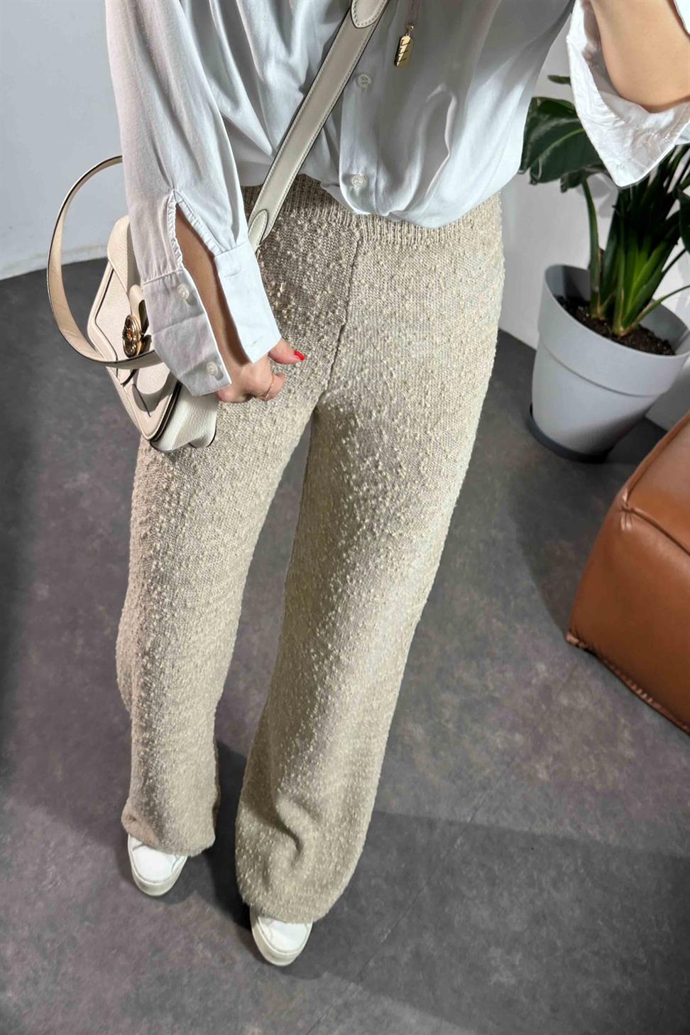 Premium Kalite Özel Dokulu Triko Kadın Pantolon Taş