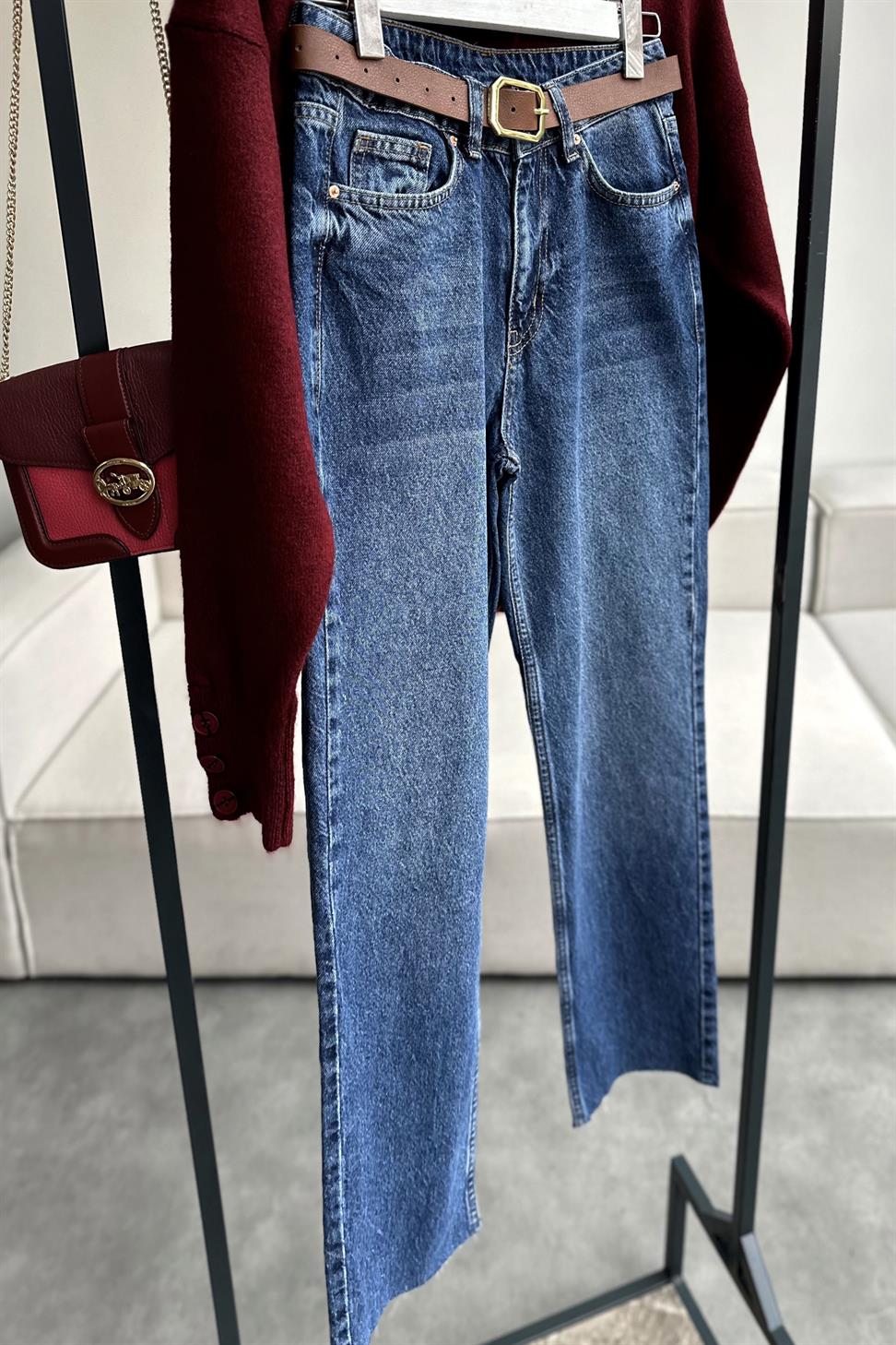 Premium Kalite Paçası Kesik Boyfit Jean Pantolon Koyu Mavi