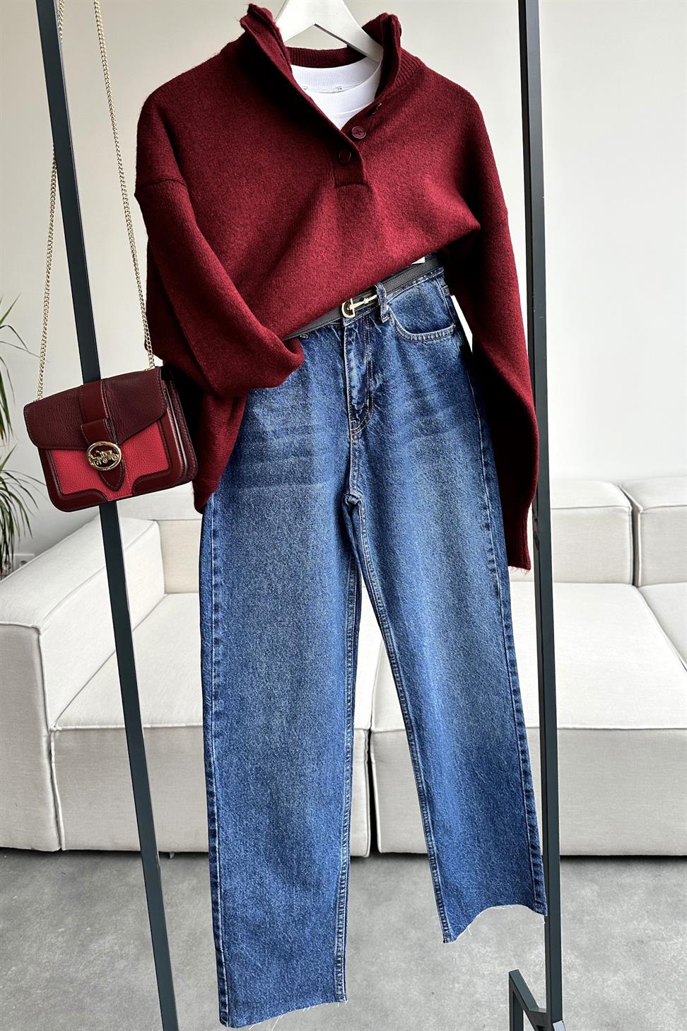 Premium Kalite Paçası Kesik Boyfit Jean Pantolon Koyu Mavi