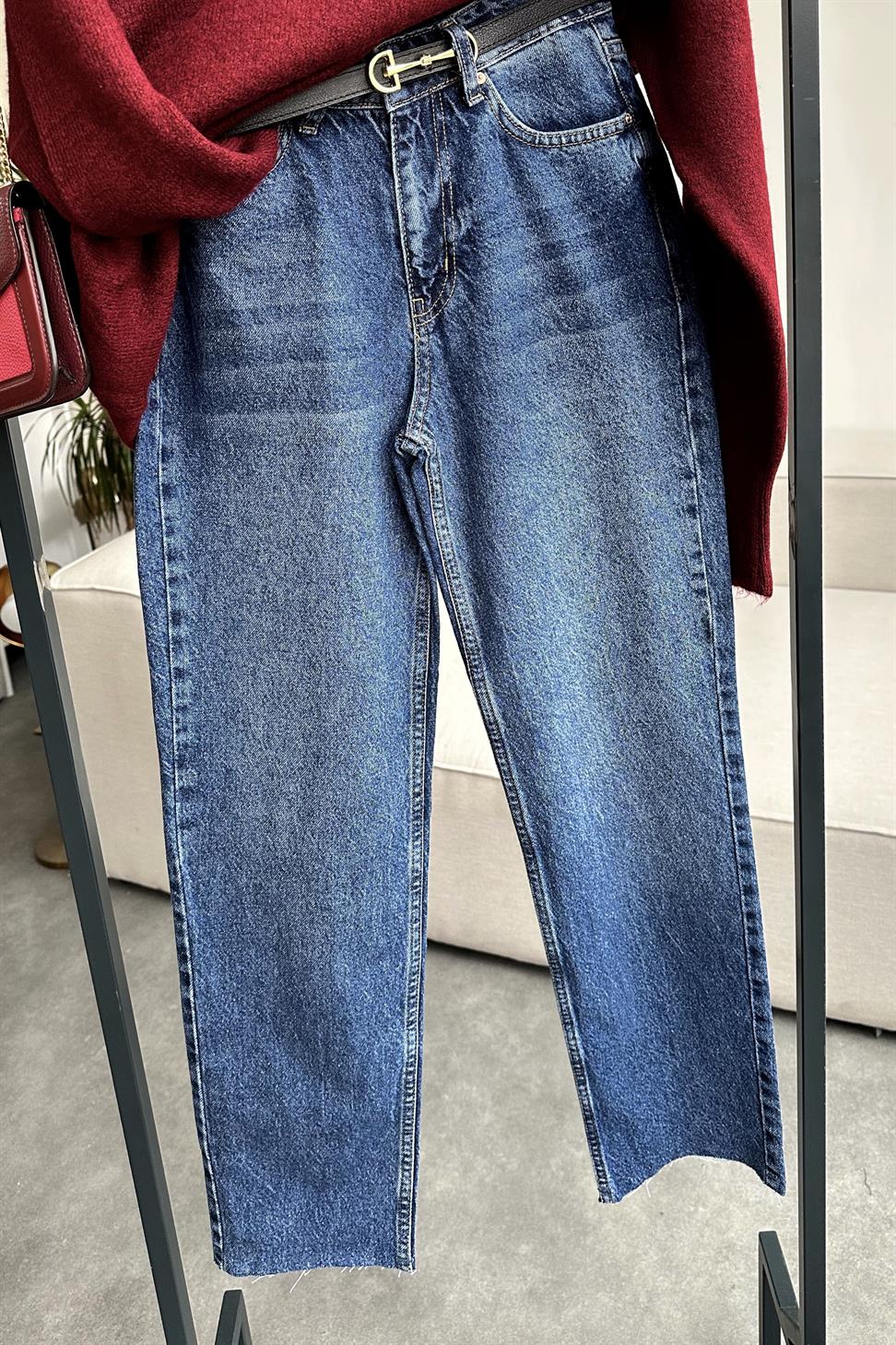 Premium Kalite Paçası Kesik Boyfit Jean Pantolon Koyu Mavi