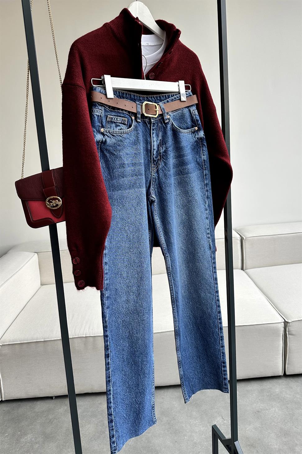 Premium Kalite Paçası Kesik Boyfit Jean Pantolon Koyu Mavi