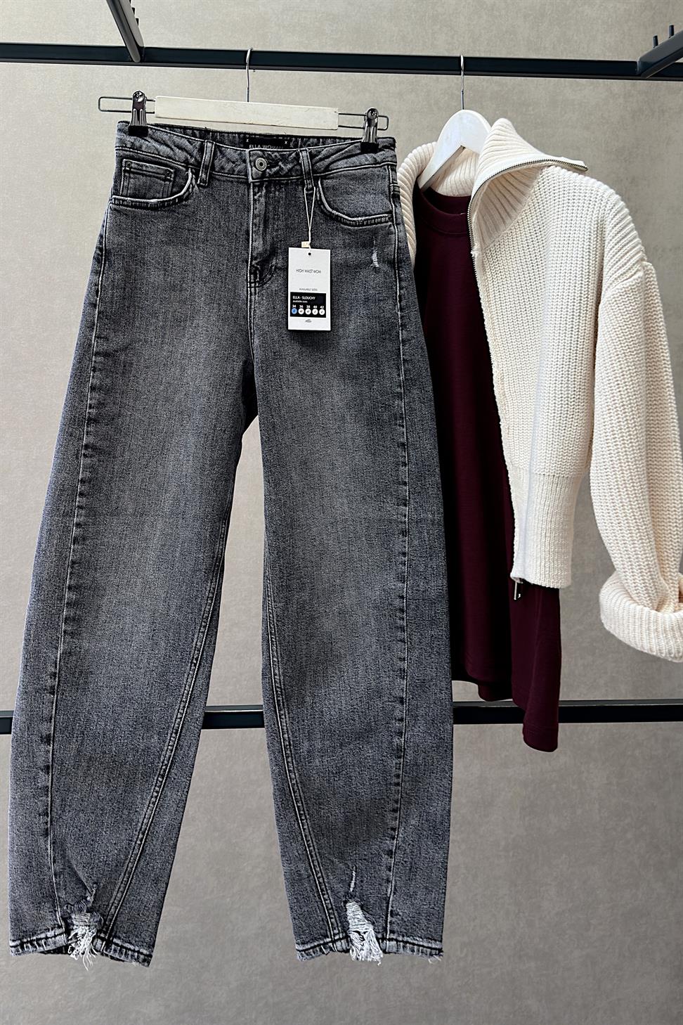 Premium Kalite Paçası Tasarım Mom Jean Pantolon Gri