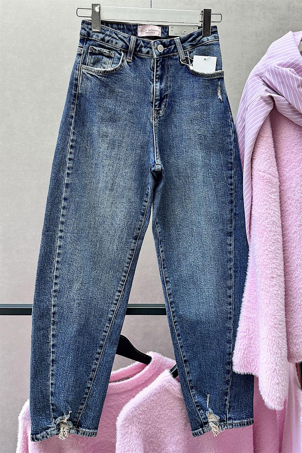 Premium Kalite Paçası Tasarım Mom Jean Pantolon Mavi